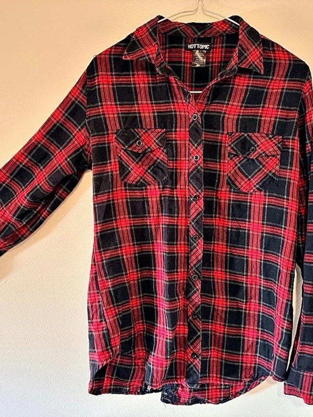 Hot Topic Red & Black Plaid Lace Button-Up Shirt — Medium
